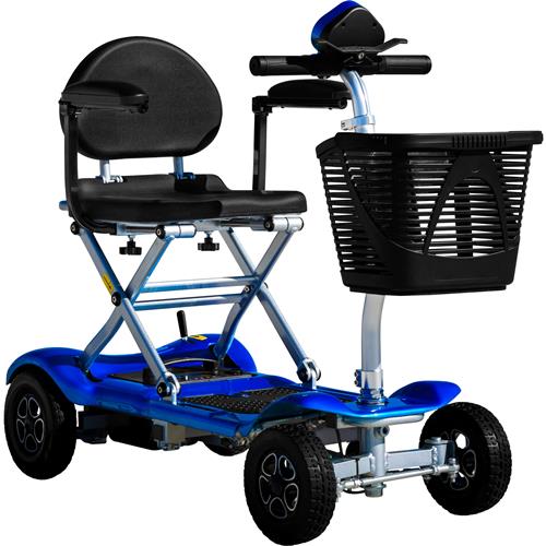 scooter plegable azul con cesta